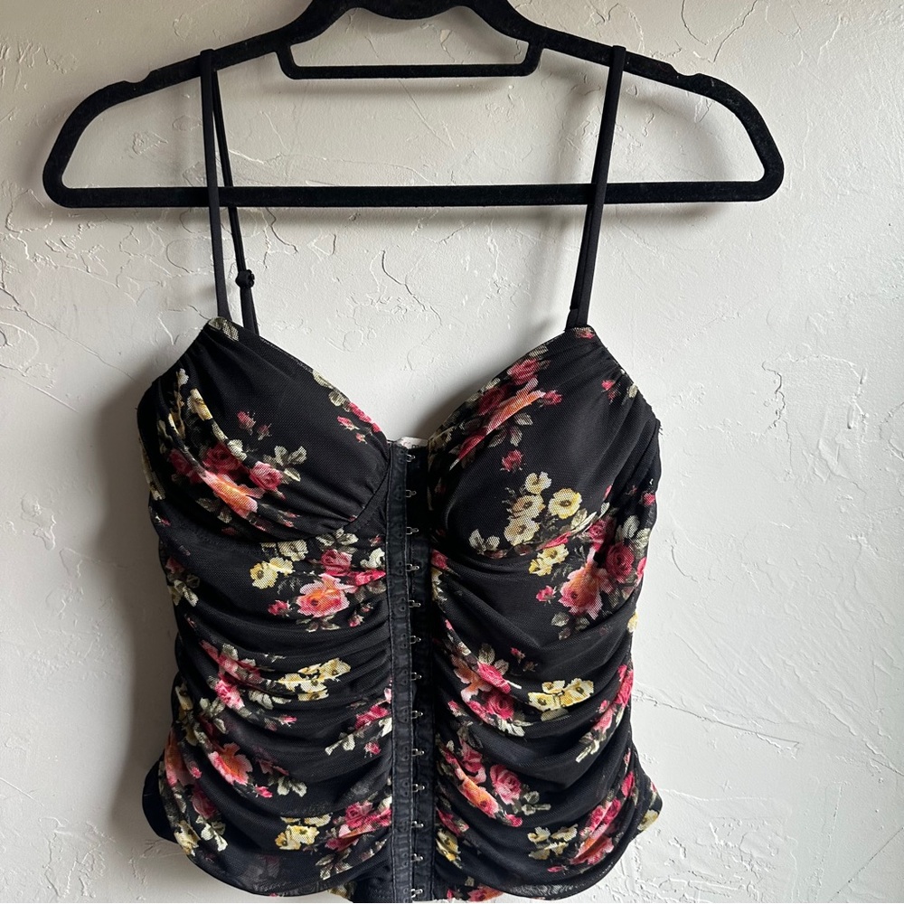 Black Whimsigoth Floral Corset Styled Ruched Top Sheer Mesh Overlay Sz L